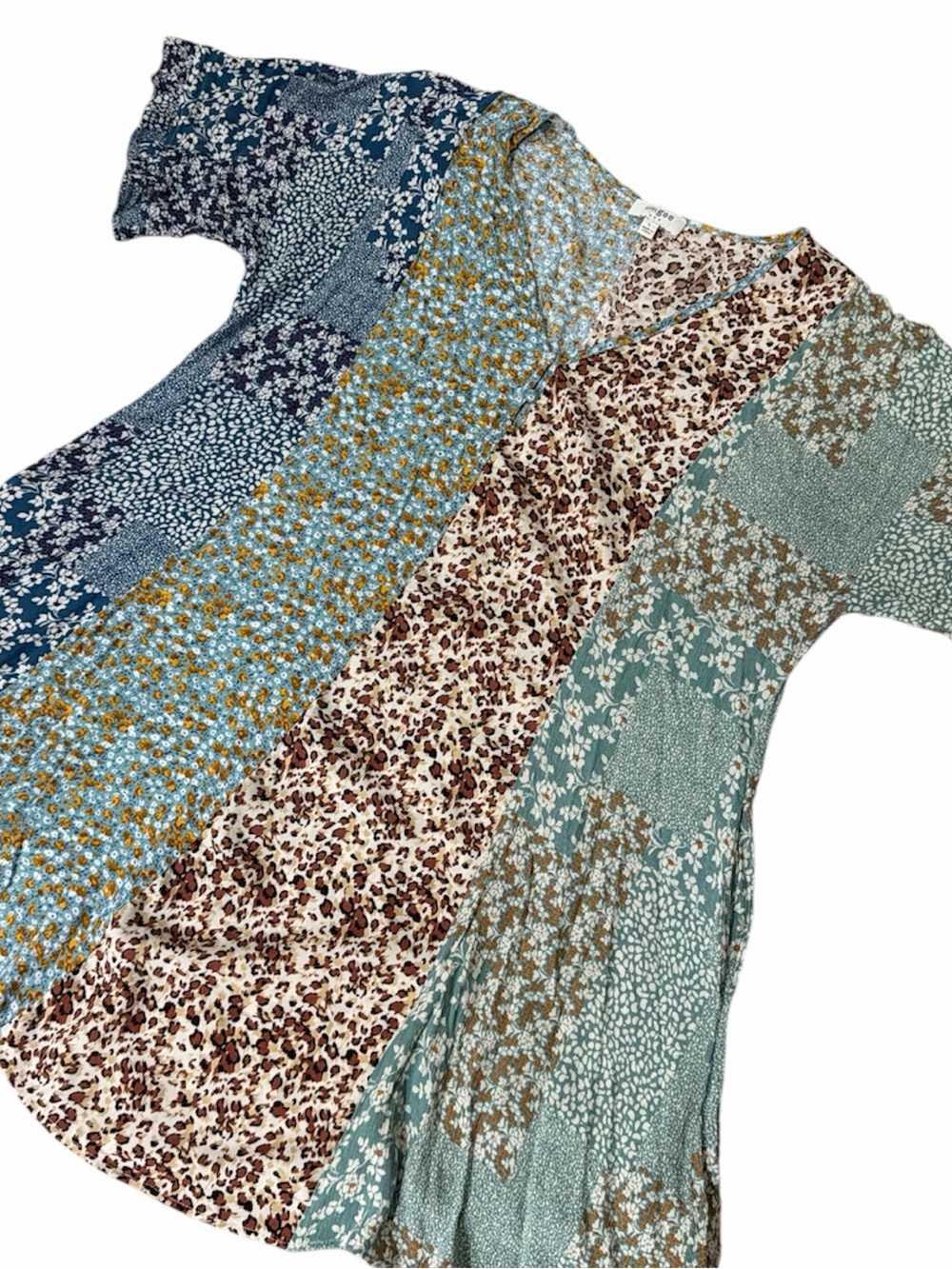 UMGEE Mixed Floral & Leopard Patchwork Midi Dress - Blue/Teal/Tan With Pockets